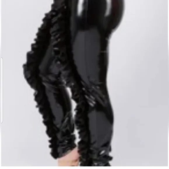 Black Shiny Liquid Ruffle Goth Pleather Witch Sexy Club Unique Leggings 2XL NEW - Picture 2 of 7